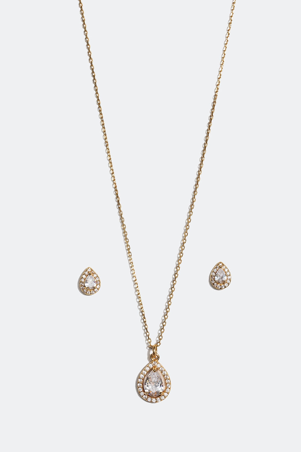 Halsband och studs i 18k guldpläterat äkta silver med droppformade Cubic Zirconia - Set i gruppen Smycken / Halsband hos Glitter (509000312002)