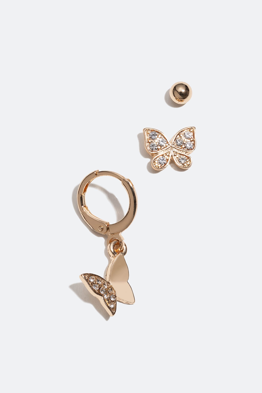 Guldfärgade studs och hoop med fjärilar och strass, 3-pack i gruppen Smycken hos Glitter (253005750202)