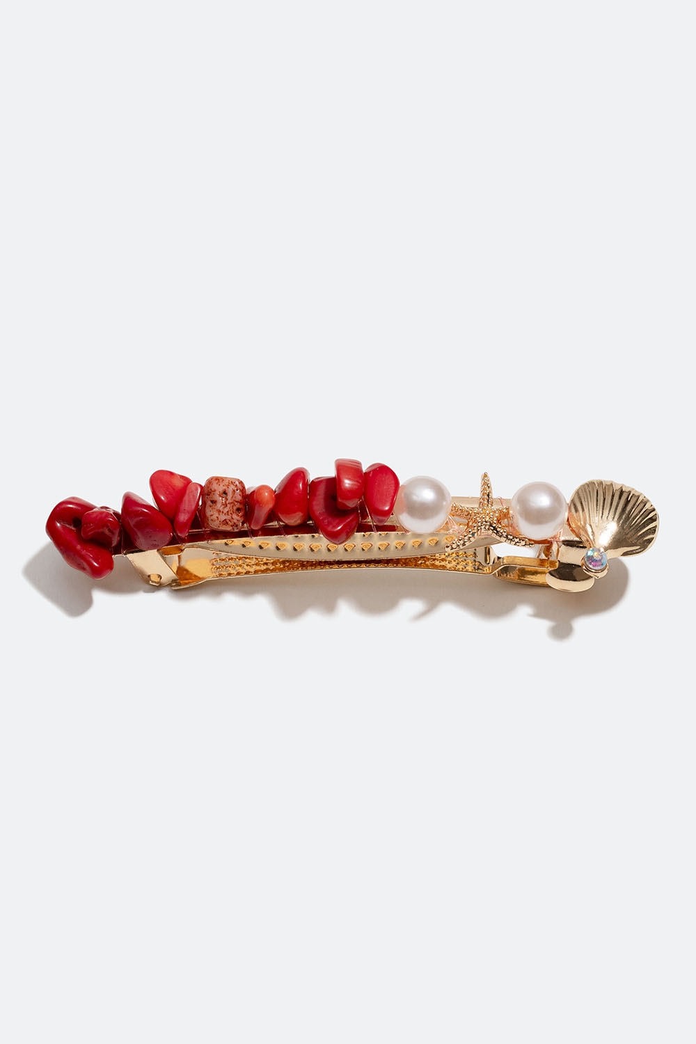 Guldfärgat hårspänne med röda pärlor, snäcka och sjöstjärna i gruppen Håraccessoarer / Spännen & klämmor / Hårspännen hos Glitter (335001186000)