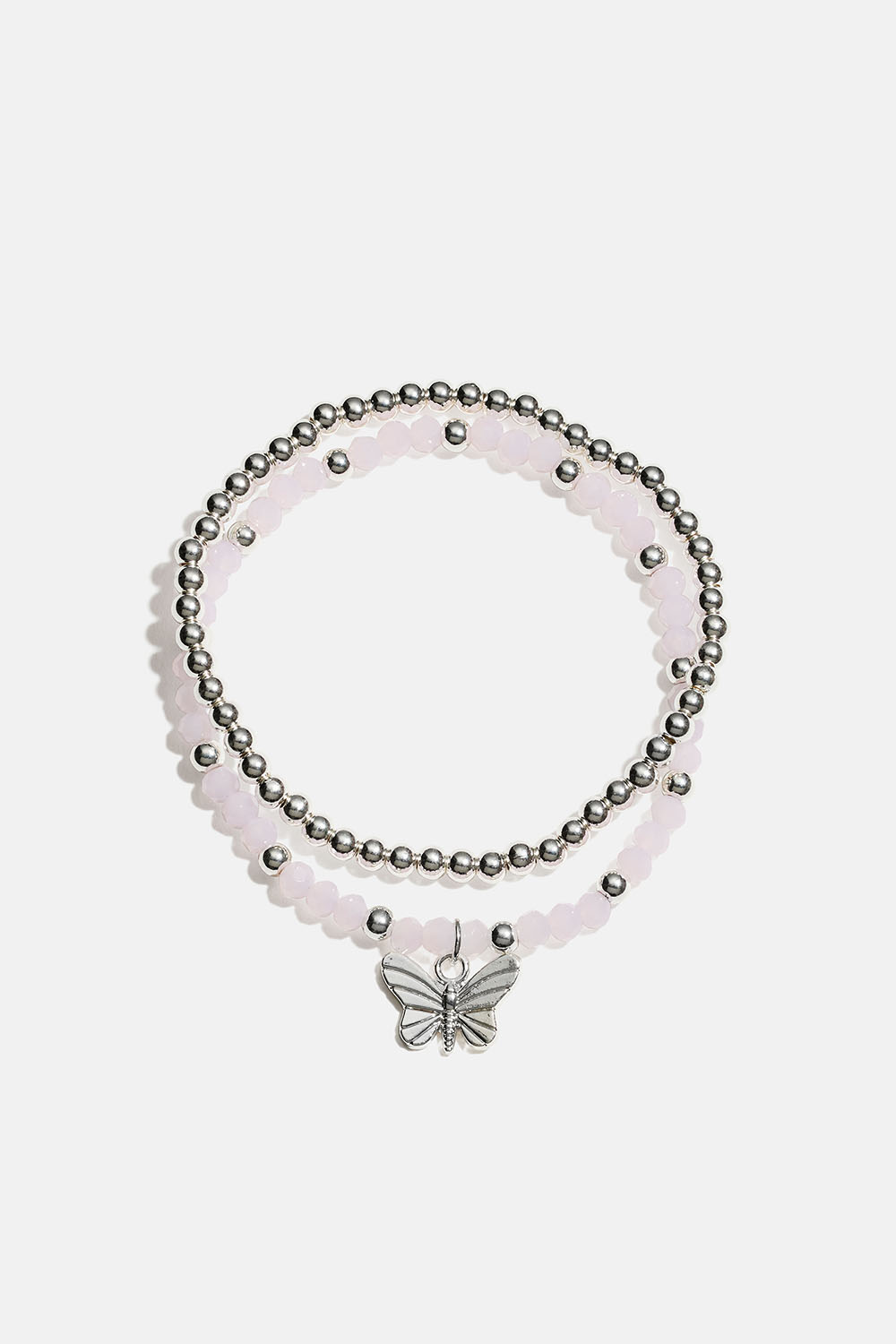 Elastiska armband med fjäril och rosa och silverfärgade pärlor, 2-pack i gruppen Smycken / Armband / Flerpack hos Glitter (251001971001)