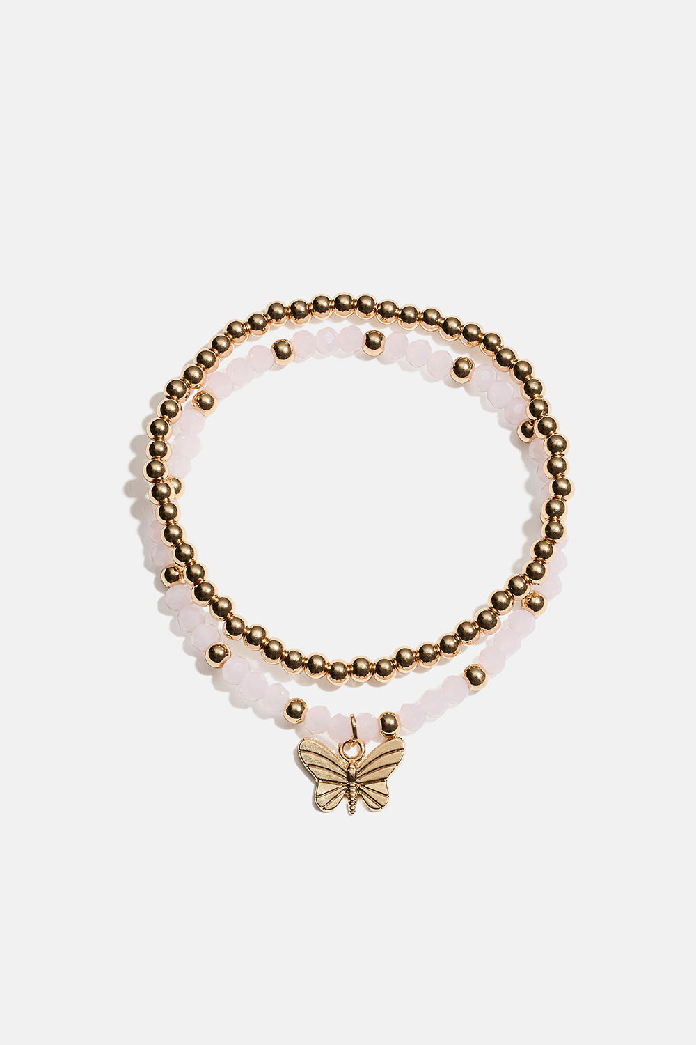 Elastiska armband med fjäril och rosa och guldfärgade pärlor, 2-pack i gruppen Smycken / Armband / Flerpack hos Glitter (251001972002)