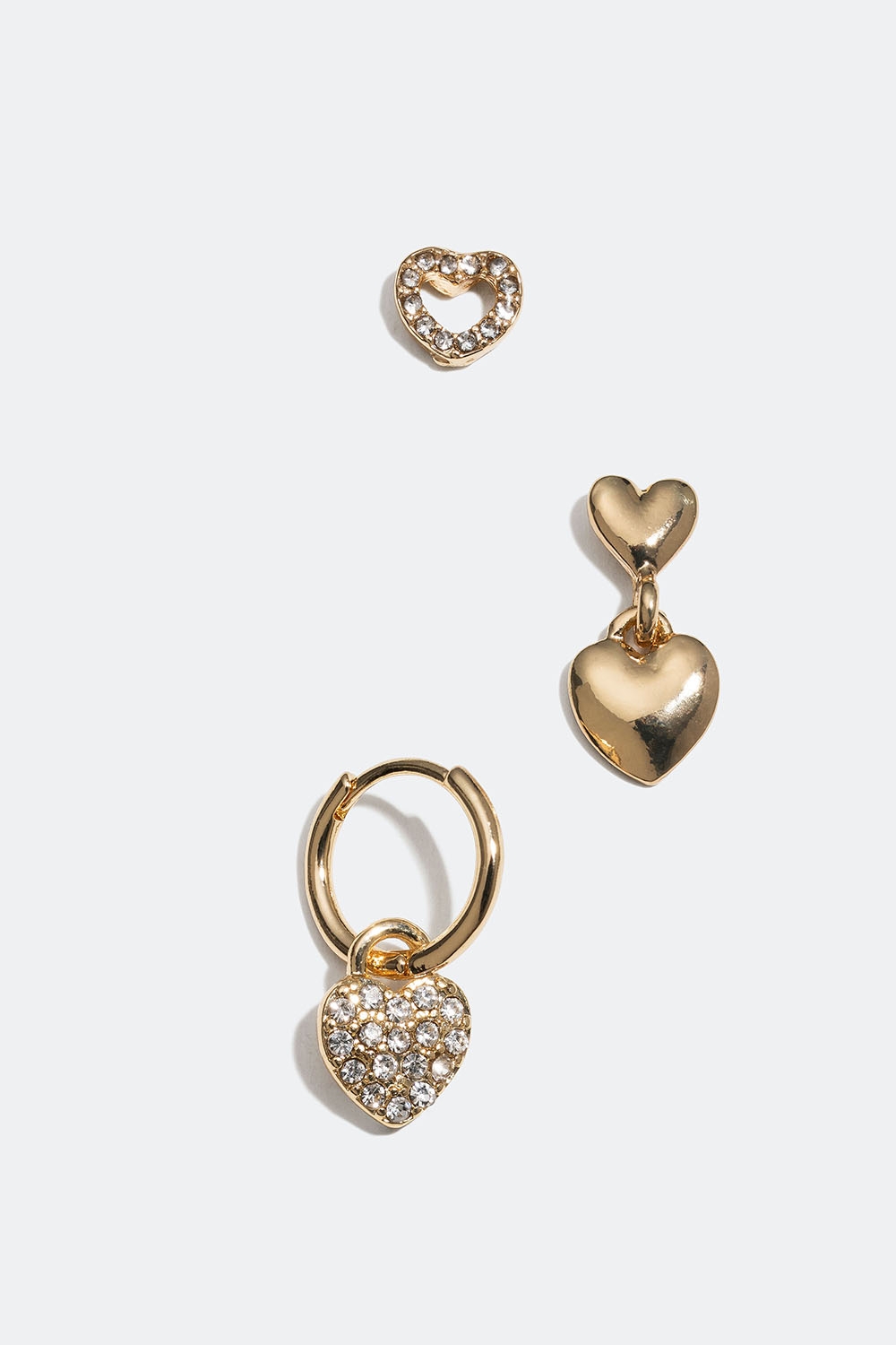 Guldfärgade hoop och studs med hjärtan och strass, 3-pack i gruppen Smycken / Örhängen / Flerpack hos Glitter (253005532002)