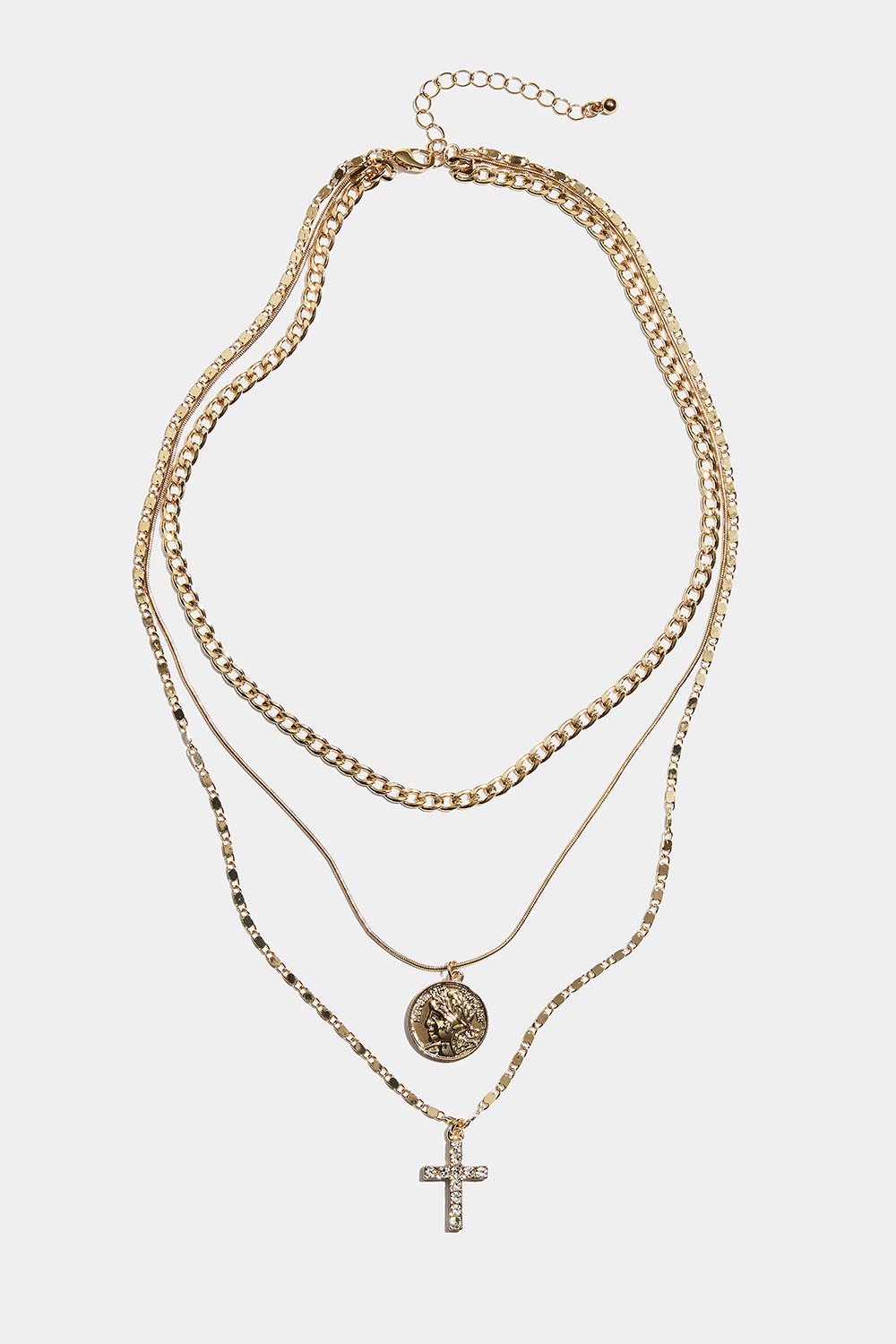 Guldfärgat trippelhalsband med kors och mynt i gruppen Smycken / Halsband / Halsband med hänge hos Glitter (254002382002)