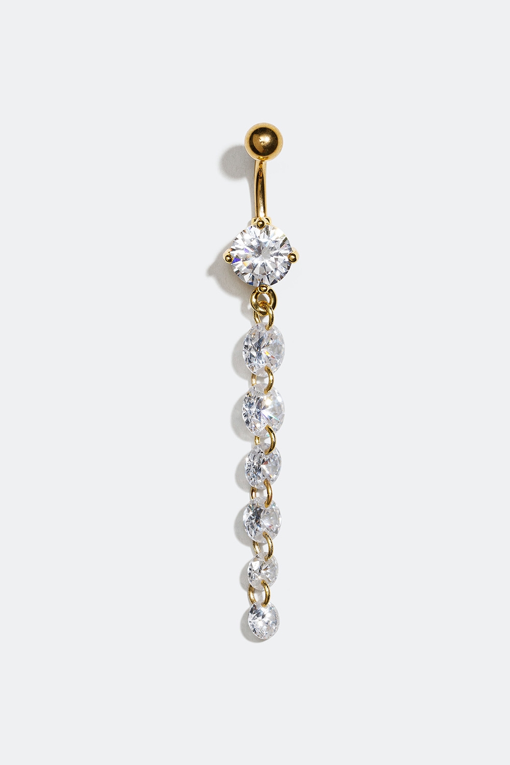 Guldfärgad navelpiercing med långt hänge av runda Cubic Zirconia stenar i gruppen Smycken / Piercings / Navelpiercings hos Glitter (255000270110)