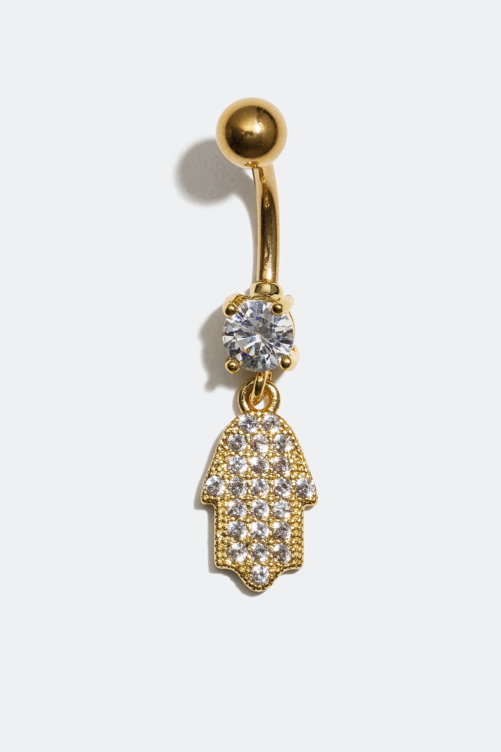 Guldfärgad navelpiercing med hänge av en hand med Cubic Zirconia i gruppen Smycken / Piercings / Navelpiercings hos Glitter (255000310110)