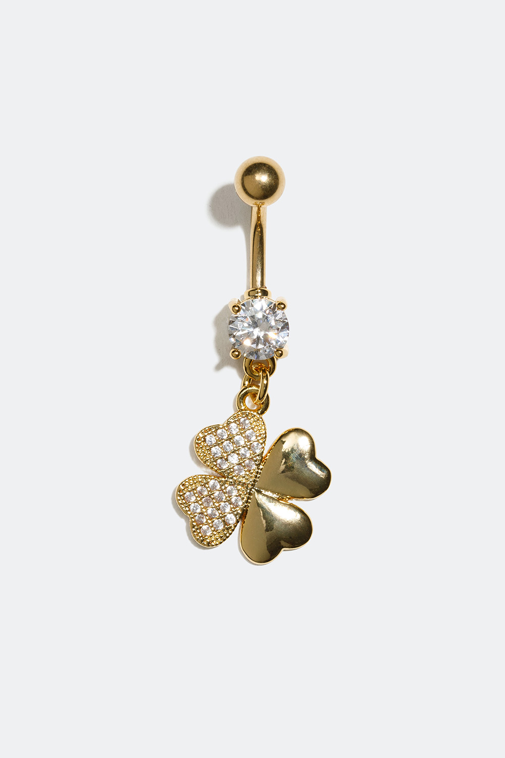 Guldfärgad navelpiercing med hänge av en fyrklöver med Cubic Zirconia i gruppen Smycken / Piercings / Navelpiercings hos Glitter (255000350110)