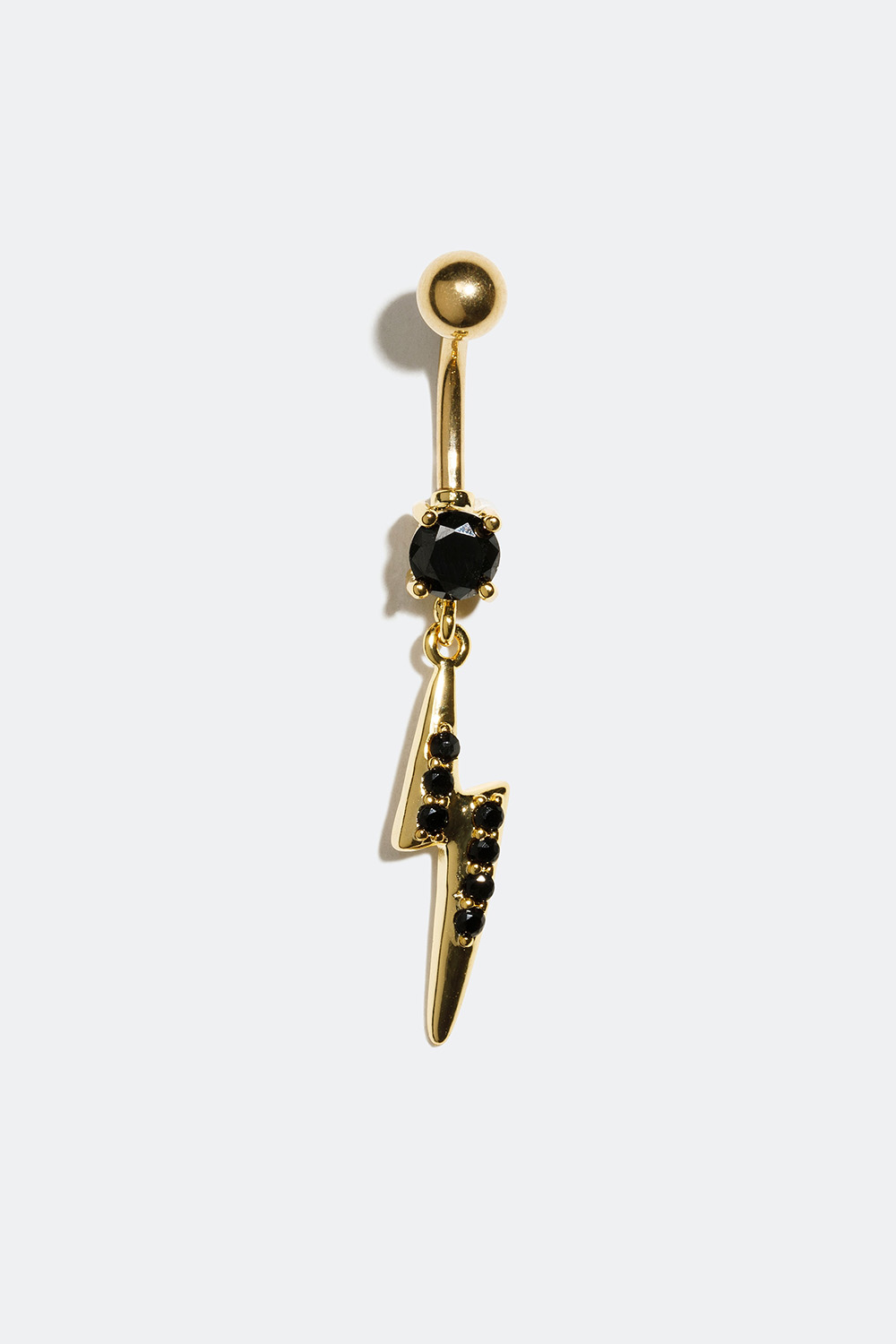Guldfärgad navelpiercing med hänge av en blixt med svarta Cubic Zirconia i gruppen Smycken / Piercings / Navelpiercings hos Glitter (255000379410)