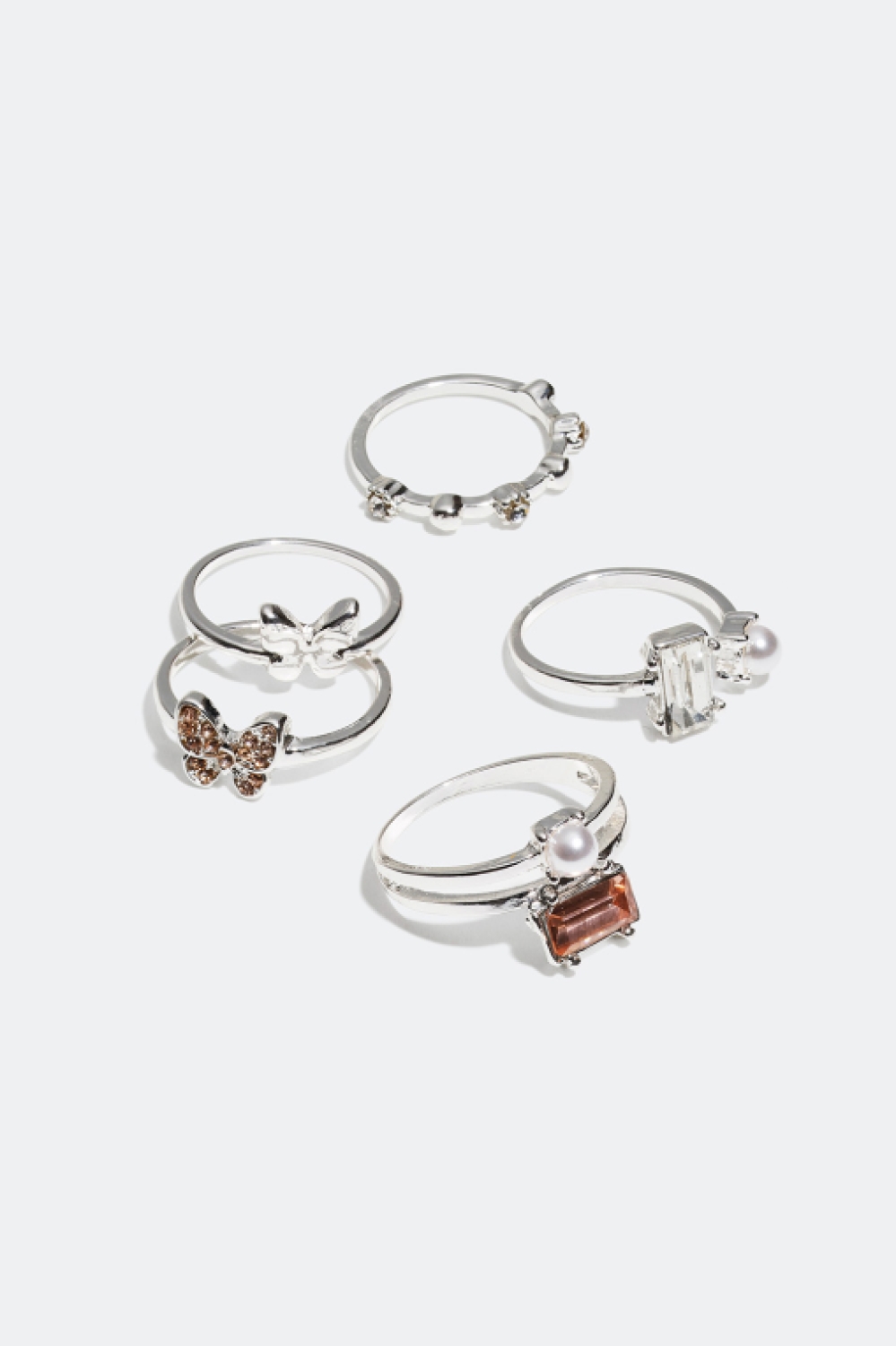 Ringar med fjärilar och glasstenar, 5-pack i gruppen Alla Smycken / Ringar / Flerpack hos Glitter (25600018)