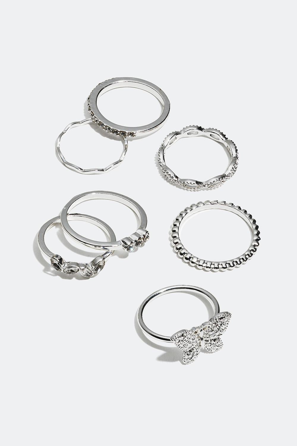 Ringar i olika utformning med glasstenar fjäril, 7-pack i gruppen Smycken / Ringar / Flerpack hos Glitter (256000591)
