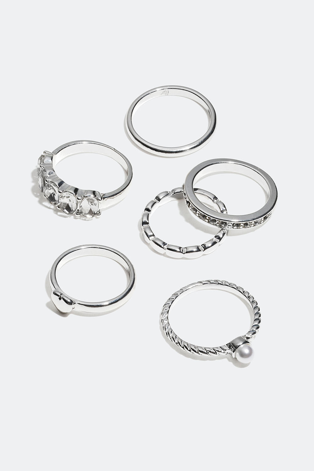 Ringar med glasstenar och pärla, 6-pack i gruppen Smycken / Ringar / Flerpack hos Glitter (256000651)