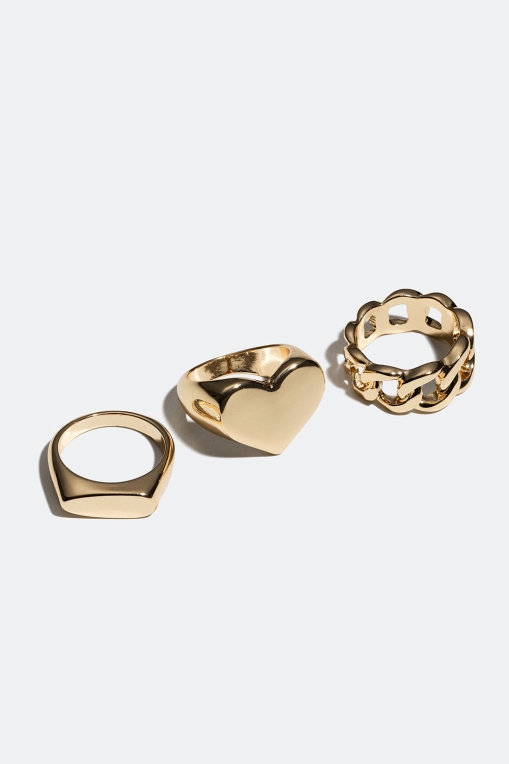 Chunky guldfärgade ringar med hjärta och kedja, 3-pack i gruppen Smycken / Ringar / Flerpack hos Glitter (256000912)