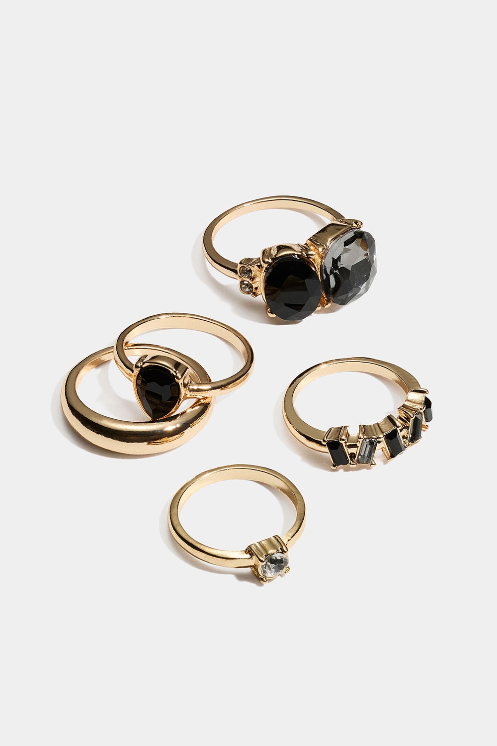 Ringar med svarta och gråa glasstenar, 5-pack i gruppen Smycken / Ringar / Strass hos Glitter (2560016794)