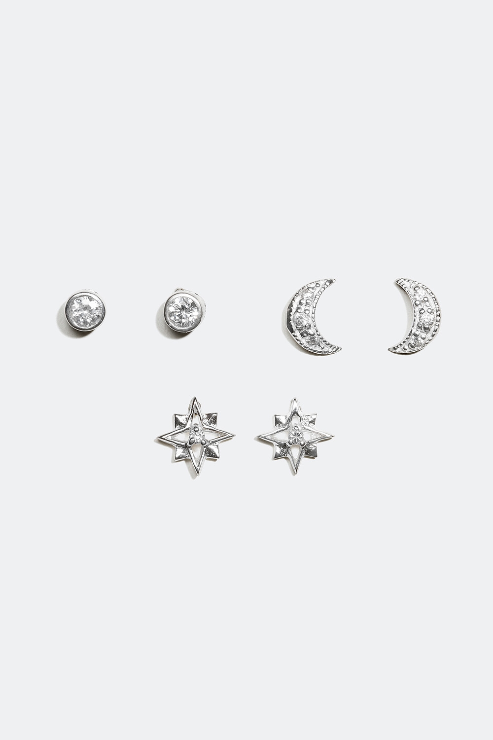 Studs i olika design, måne och stjärna, äkta silver, 3-pack i gruppen Äkta silver / Silverörhängen / Flerpack hos Glitter (323417011000)