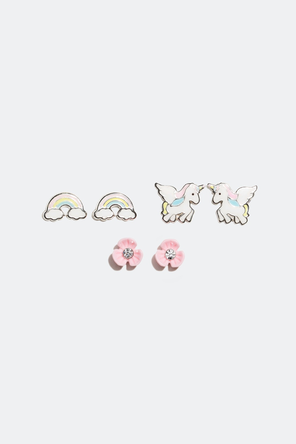 Tre par örhängen i äkta silver med enhörning, regnbåge och blomma i gruppen Barn / Barnsmycken / Barnörhängen hos Glitter (326285)
