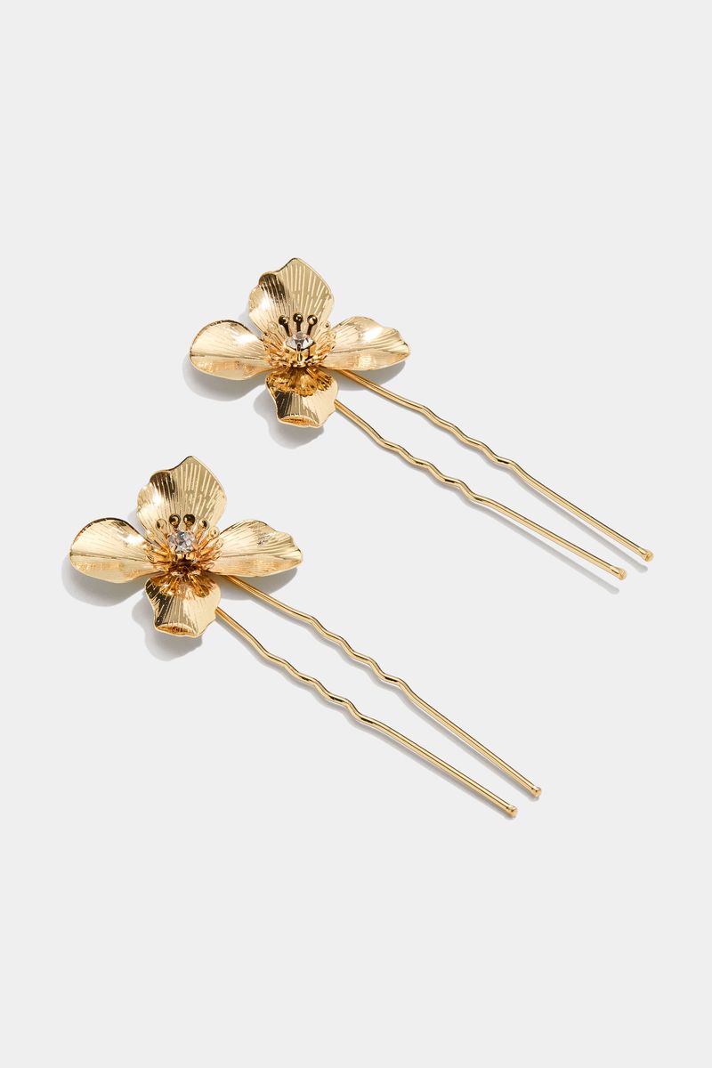 Guldfärgade hårnålar med blomster, 2-pack i gruppen Håraccessoarer / Styling & verktyg / Hårnålar hos Glitter (334000272000)