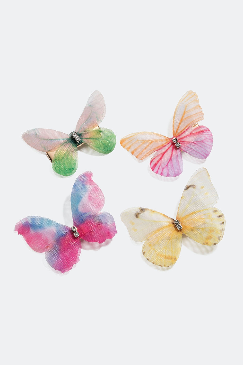 Guldfärgade hårspännen med fjärilar i olika färger, 4-pack i gruppen Håraccessoarer / Spännen & klämmor / Hårspännen hos Glitter (335001104400)