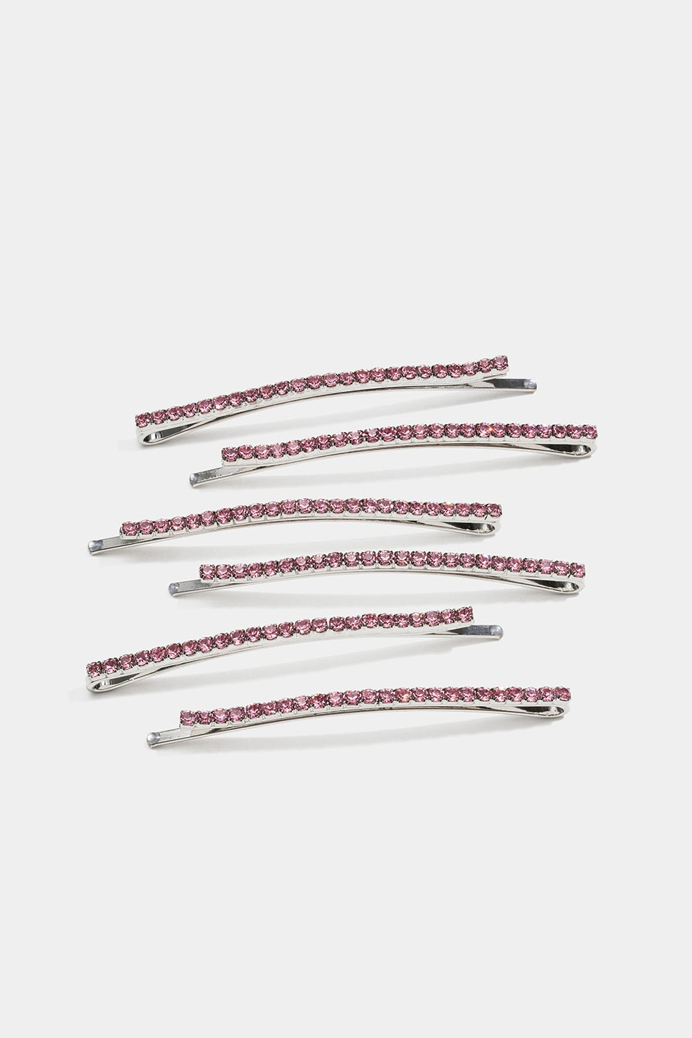 Silverfärgade hårnålar med rosa strass, 6-pack i gruppen Håraccessoarer / Spännen & klämmor / Hårspännen hos Glitter (335001565100)