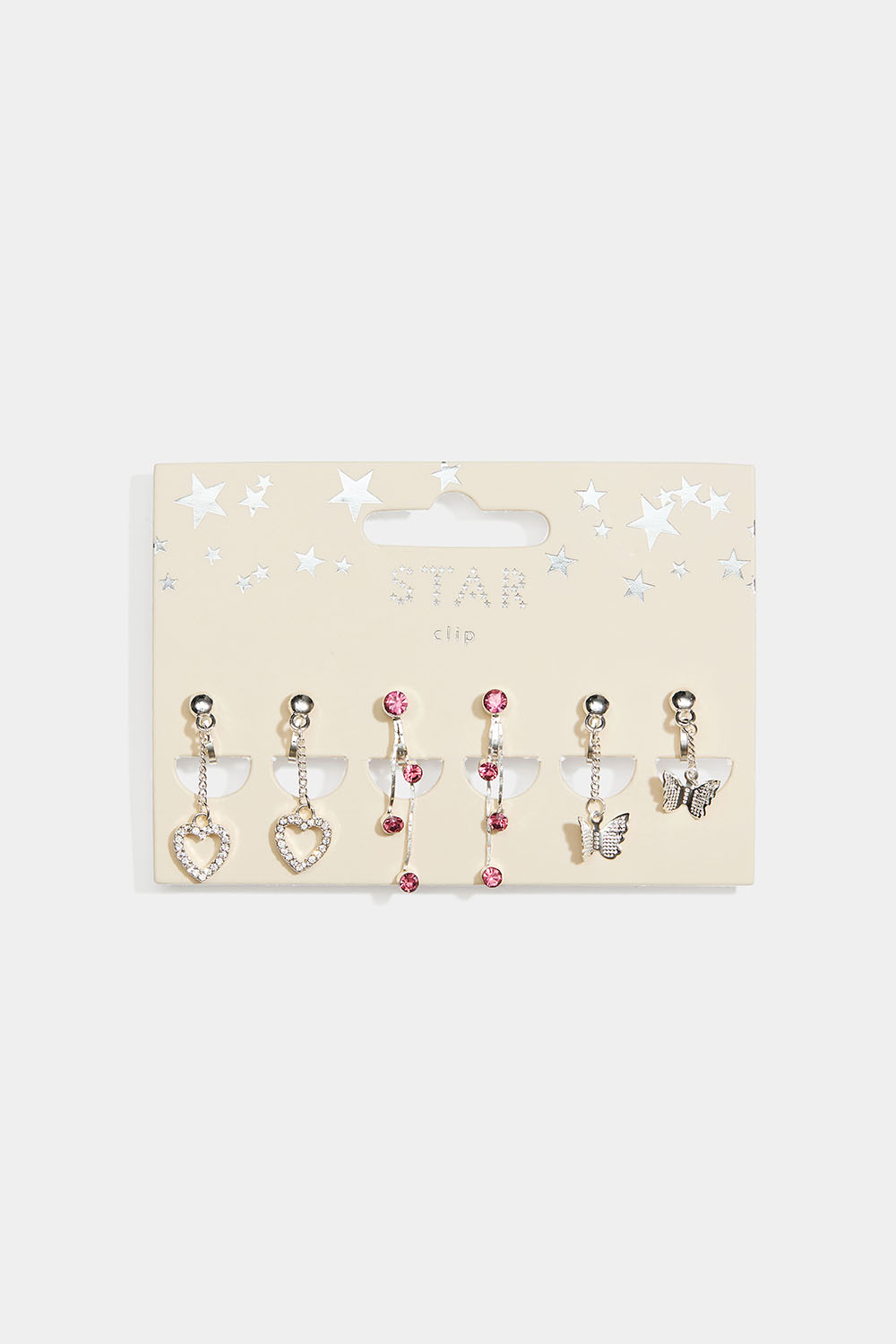 Clipsörhängen med hjärtan, fjärilar och rosa glasstenar, 3-pack i gruppen Barn / Barnsmycken / Barnörhängen hos Glitter (402000491000)