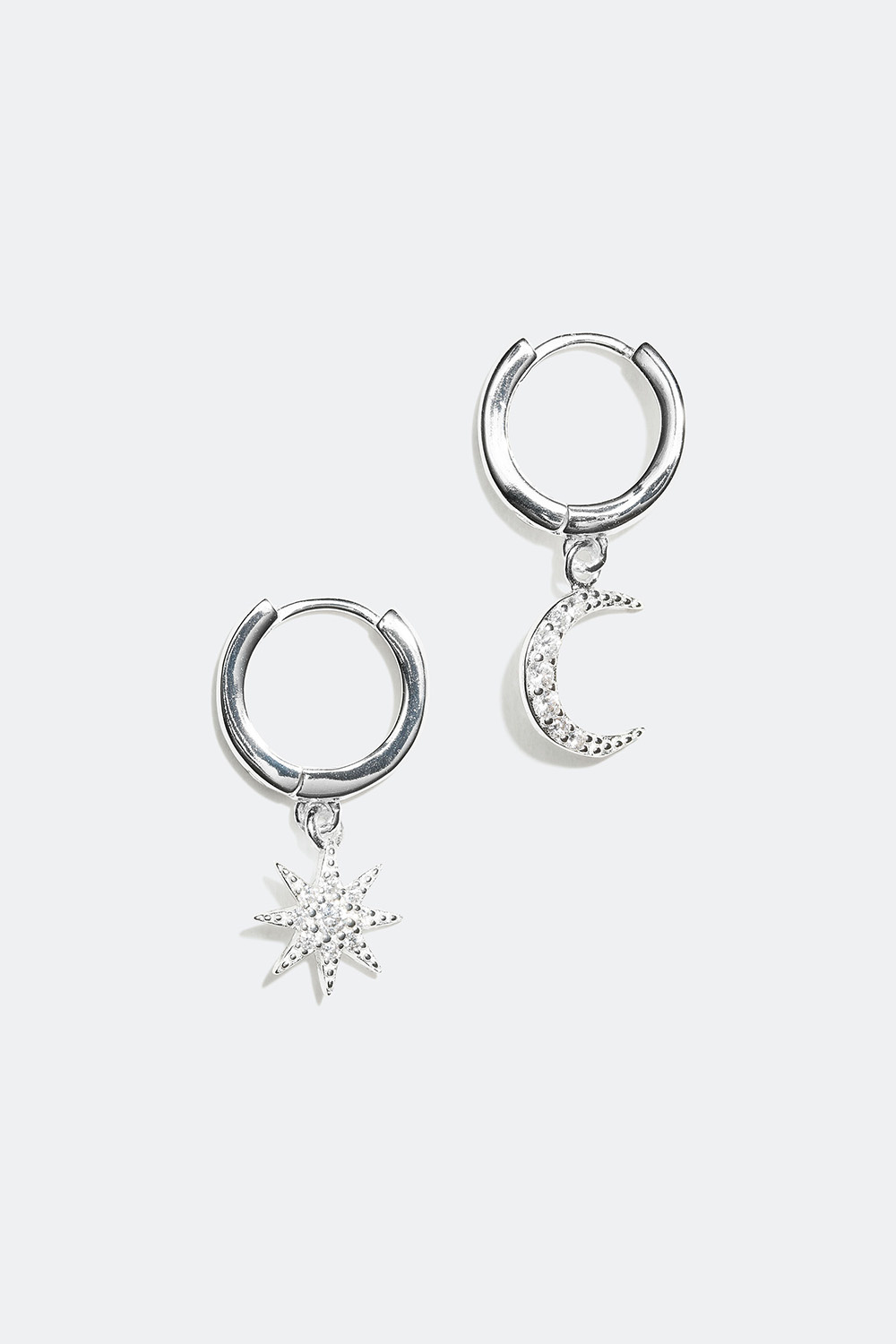 Hoops med hänge i form av måne och stjärna, äkta silver, 1 cm