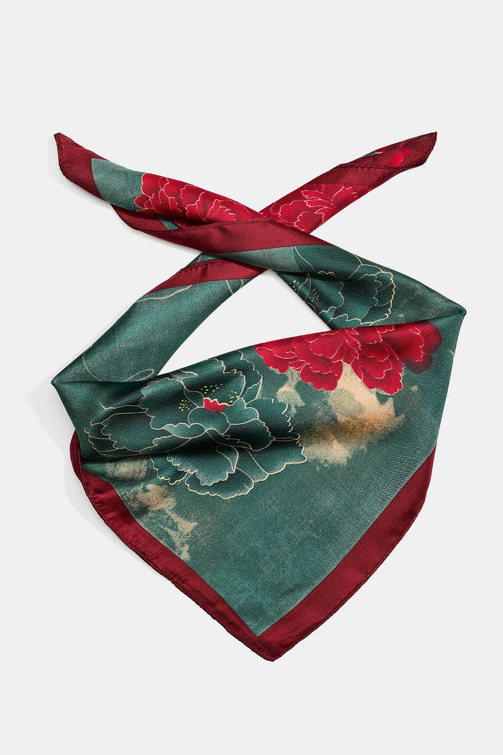 Grön satinscarf med röda blommor