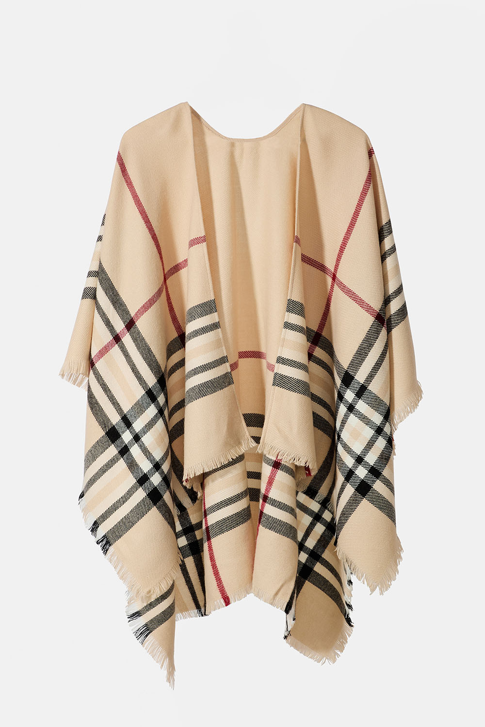 Beige rutig poncho med fransar