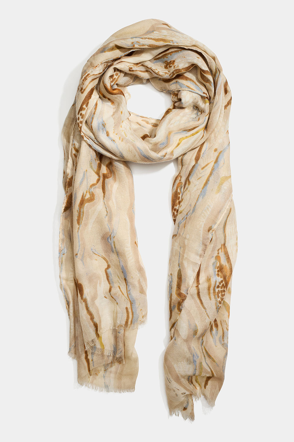 Stor ljus scarf med mönster i blått och bruna nyanser