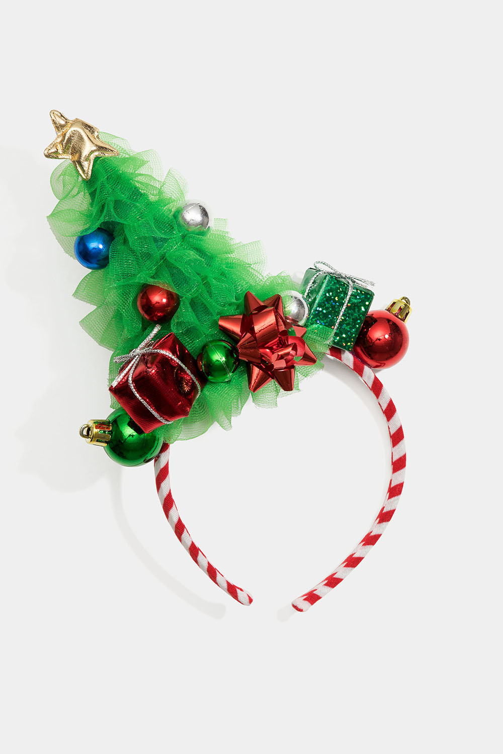 Diadem med julgran, julklappar och julkulor