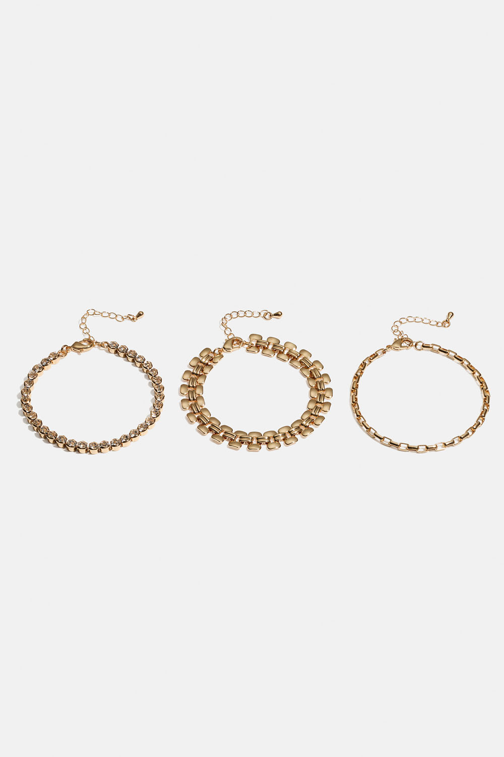 Guldfärgade kedjearmband med strass, 3-pack