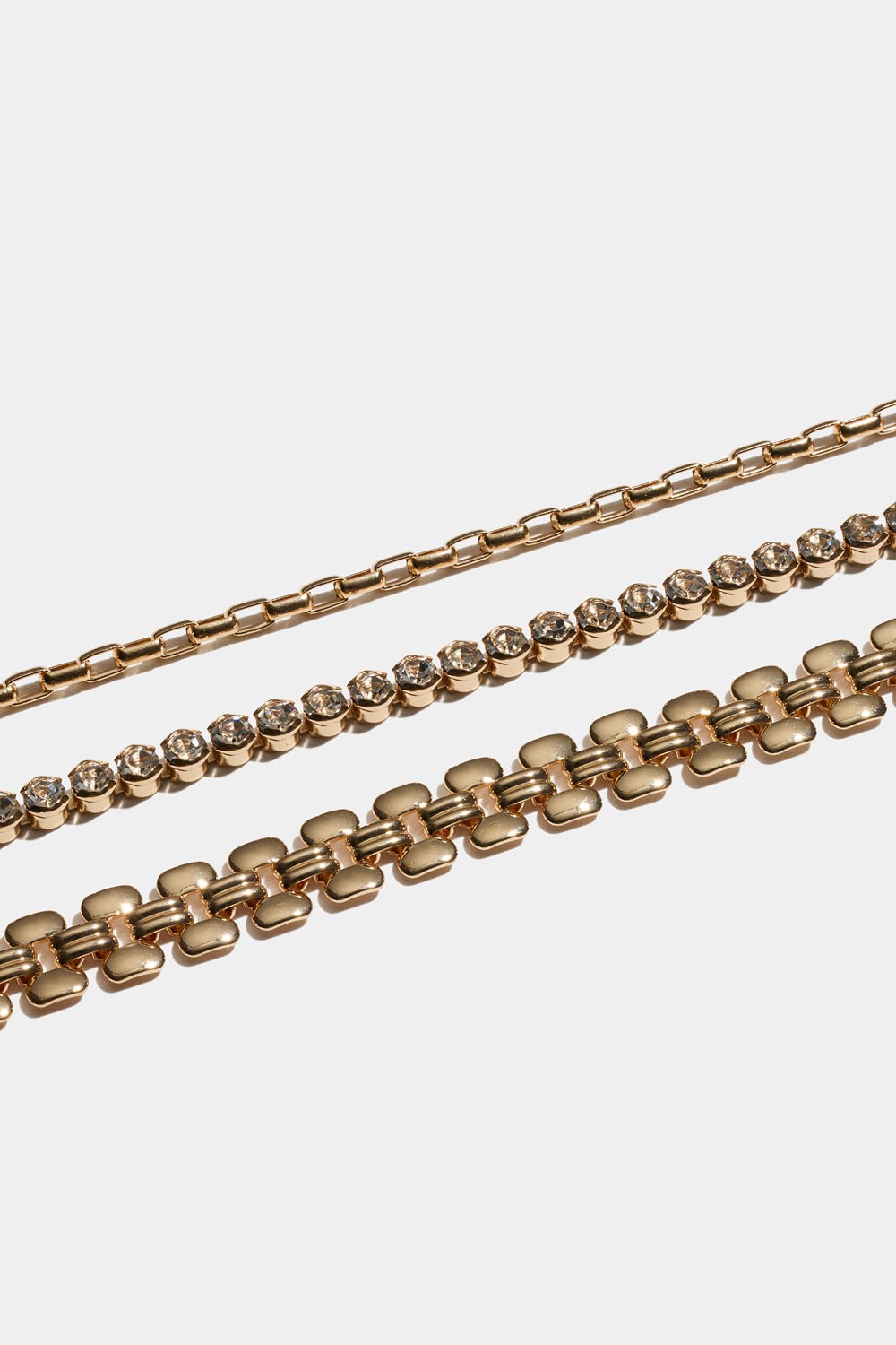 Guldfärgade kedjearmband med strass, 3-pack