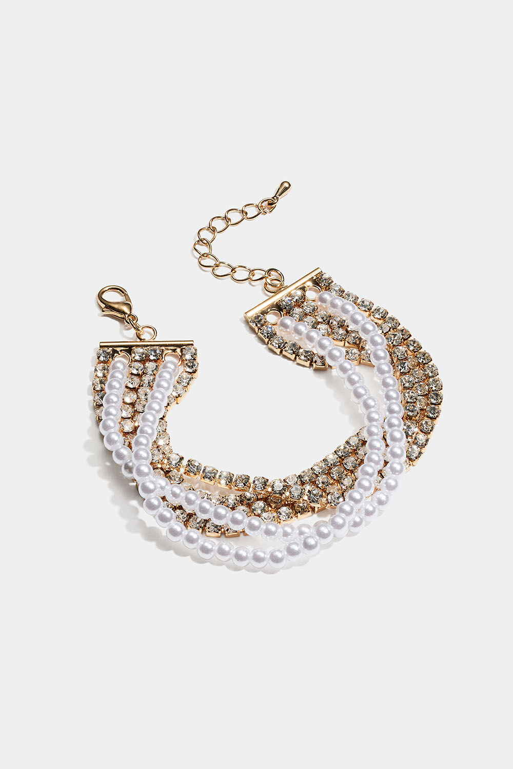 Brett guldfärgat armband med strass- och pärllänkar