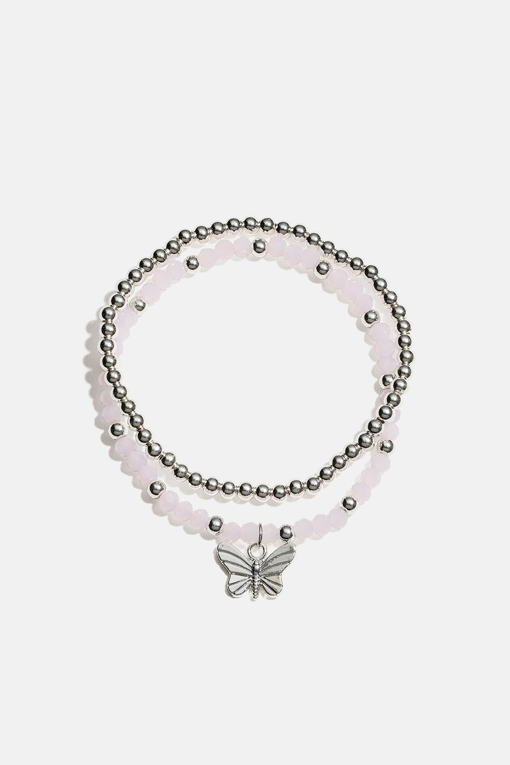 Elastiska armband med fjäril och rosa och silverfärgade pärlor, 2-pack