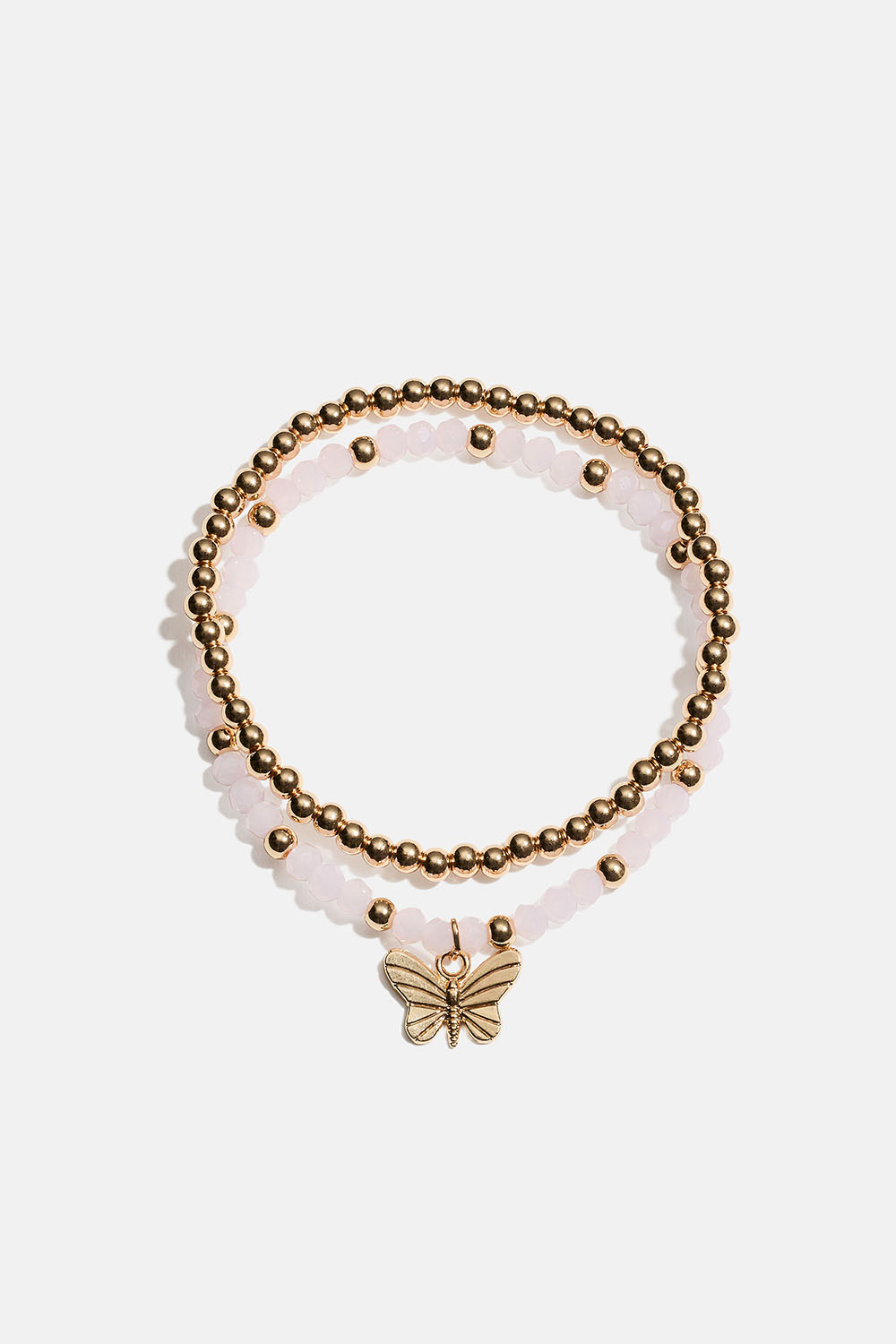 Elastiska armband med fjäril och rosa och guldfärgade pärlor, 2-pack