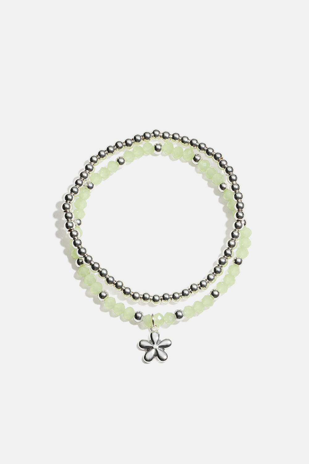 Elastiska armband med blomma och gröna och silverfärgade pärlor, 2-pack