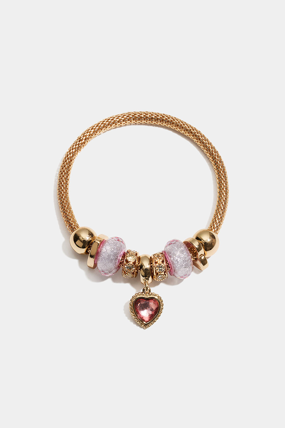 Elastisk guldfärgat armband med berlocker i rosa detaljer