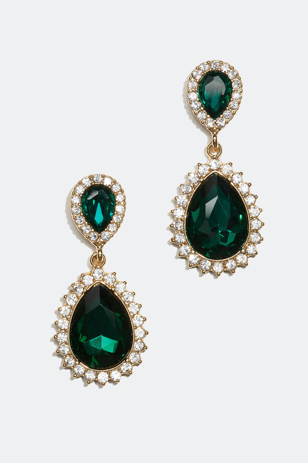 Droppformade örhängen med vita och gröna glasstenar