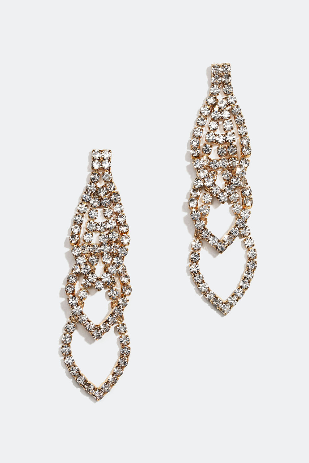 Guldfärgade strassörhängen med tre dekorationer