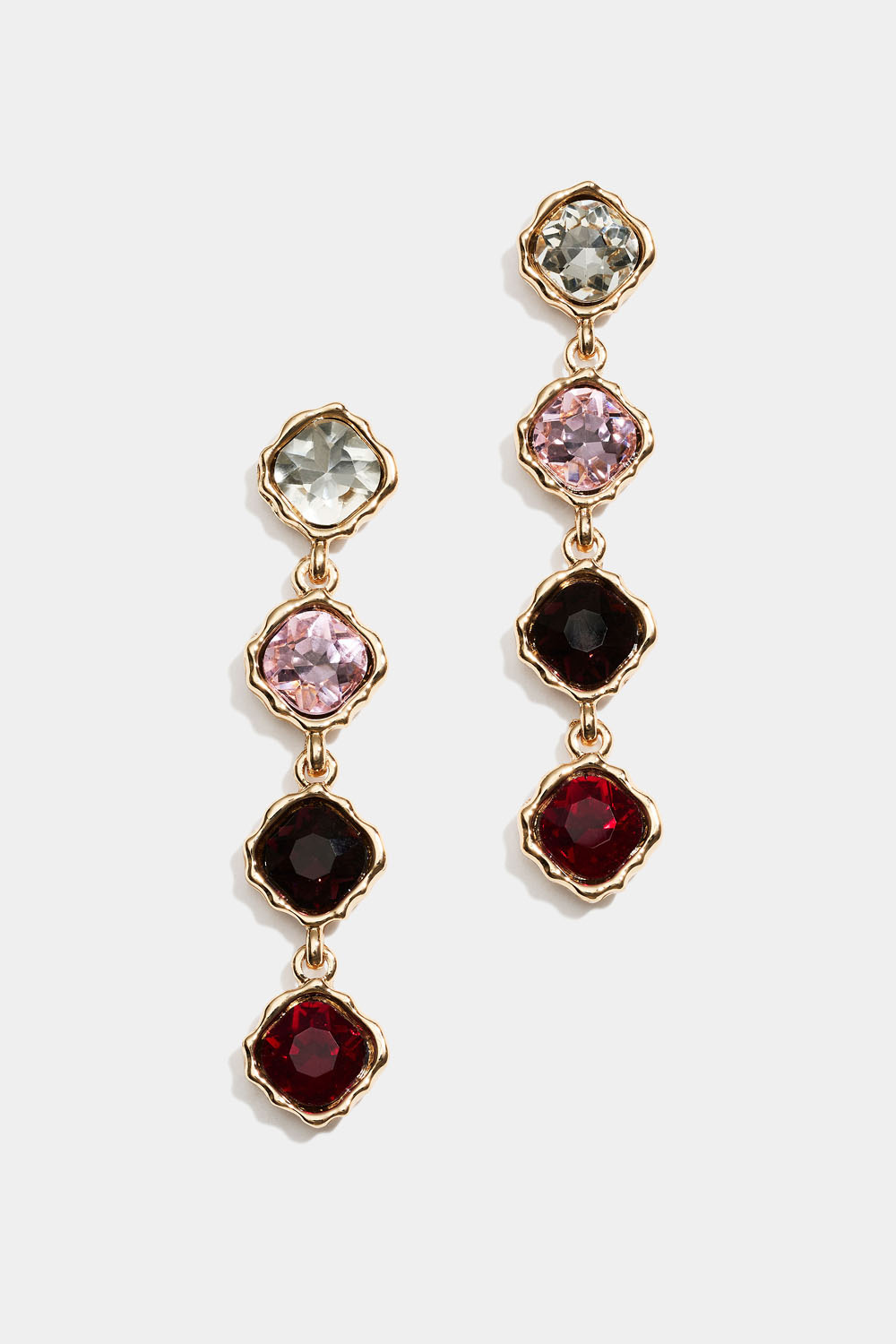 Örhängen med hängande rosa och röda glasstenar 