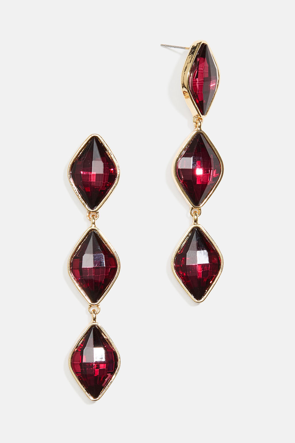 Örhängen med vinröda glasstenar i diamantform