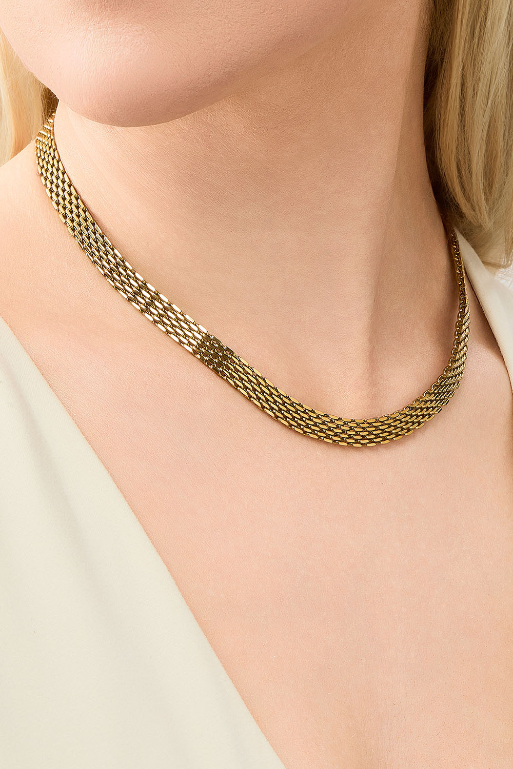 Platt kedjehalsband i stål med 18k guld