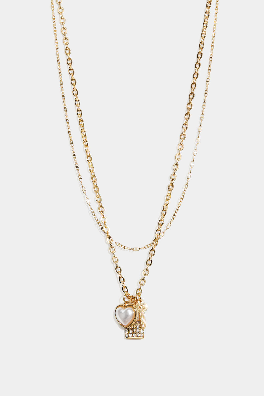 Guldfärgat dubbelhalsband med hjärta, nyckel och lås
