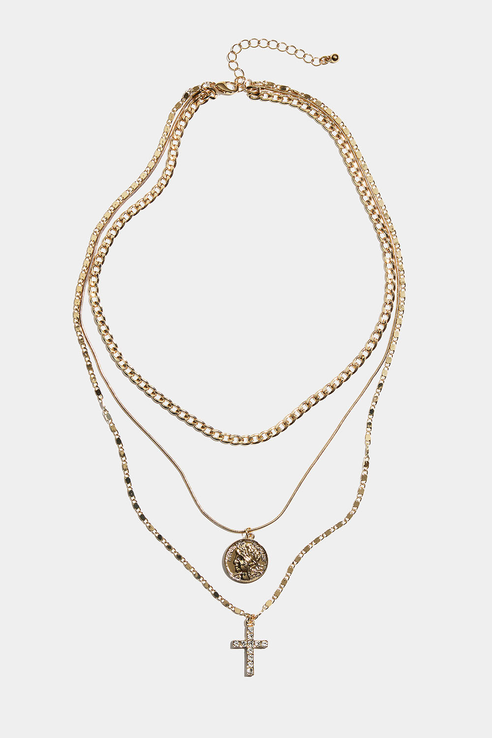 Guldfärgat trippelhalsband med kors och mynt
