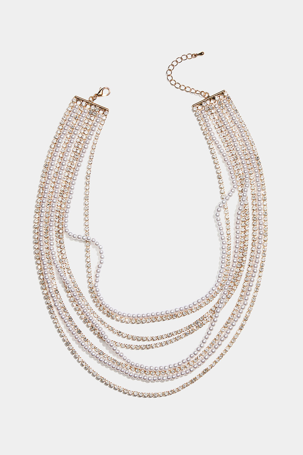 Guldfärgat halsband med åtta kedjor i strass och pärlor