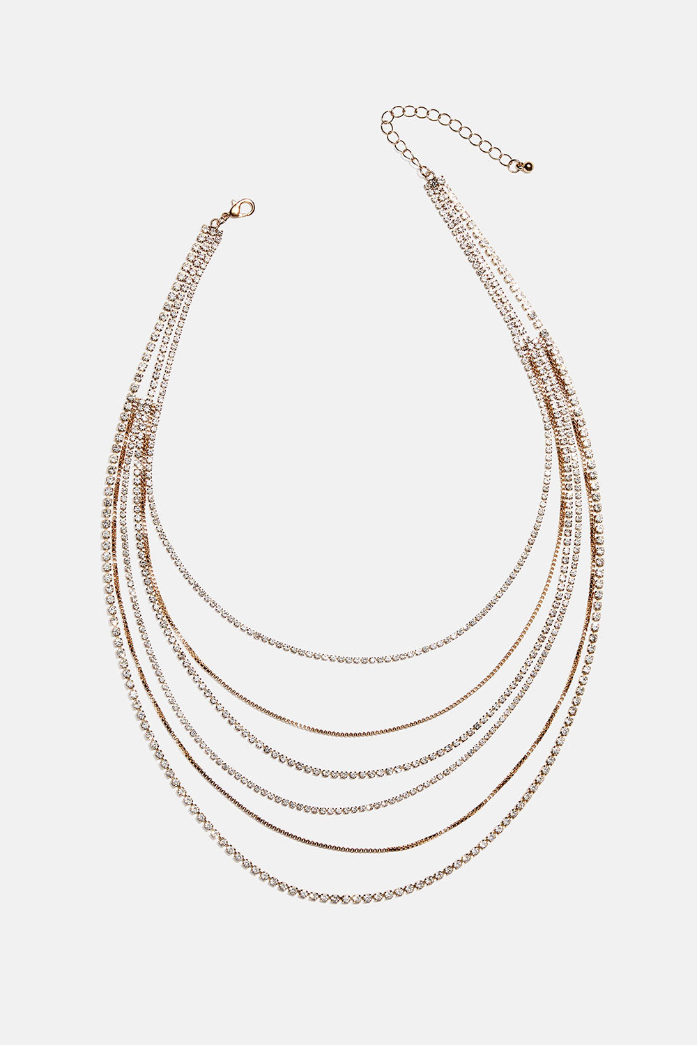 Lager-på-lager guldfärgat halsband med kedjor och glasstenar