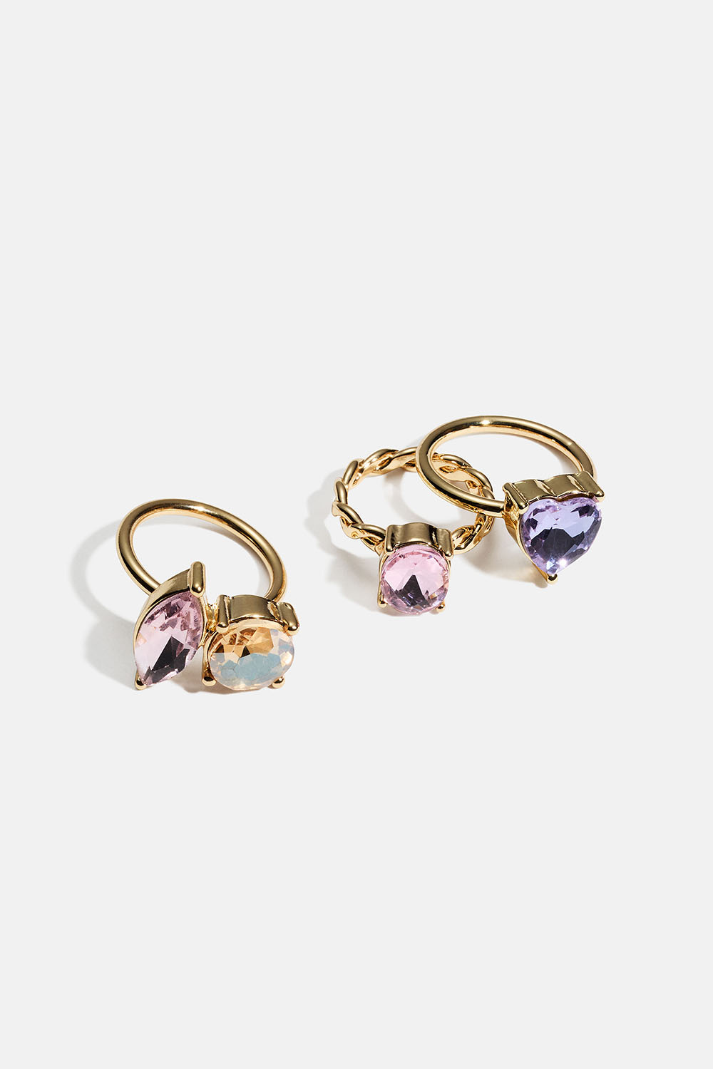 Guldfärgade ringar med stora glasstenar i olika design, 3-pack