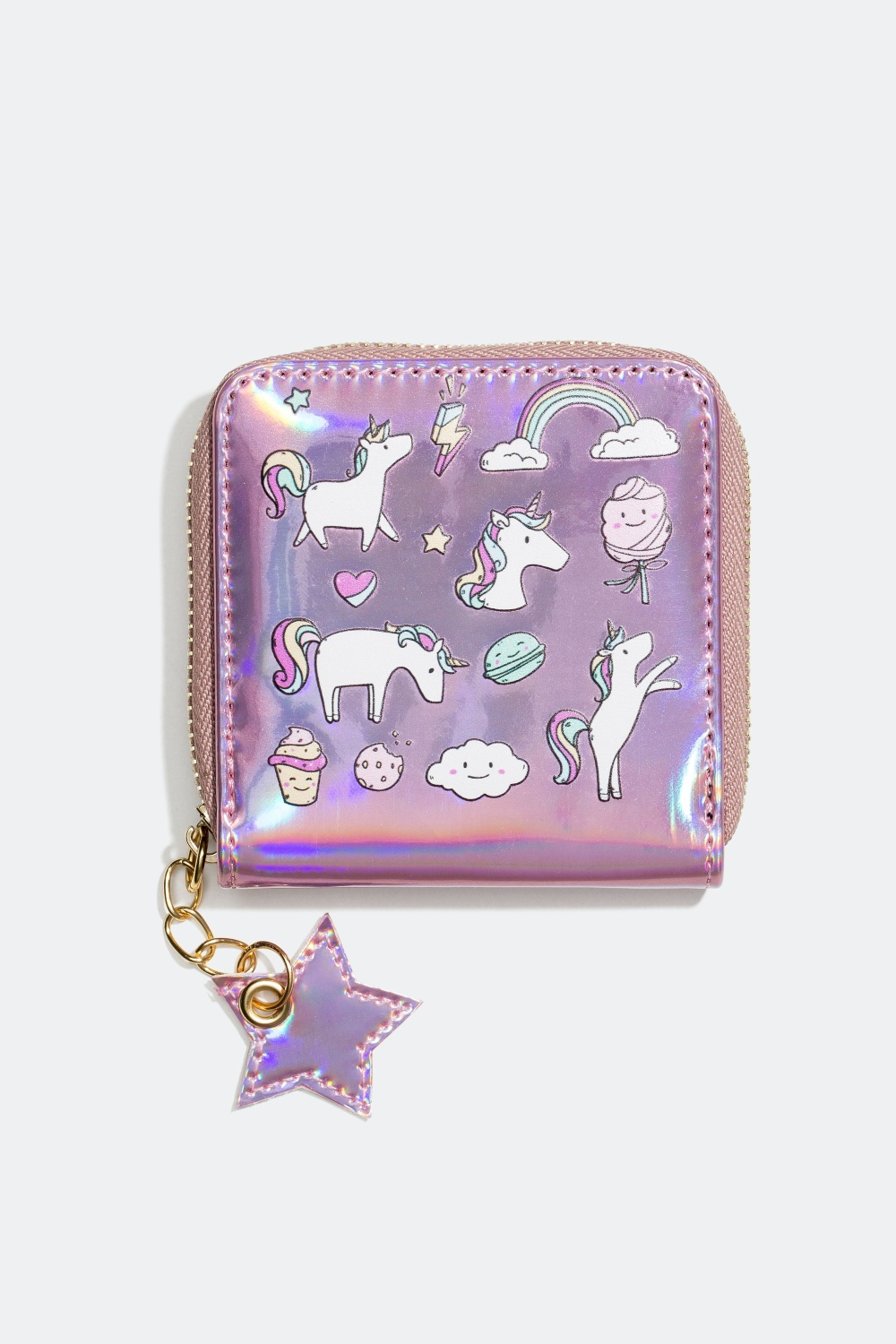 Regnbågsskimrande rosa plånbok med småmotiv   