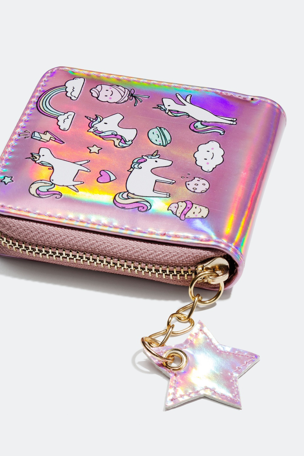 Regnbågsskimrande rosa plånbok med småmotiv   