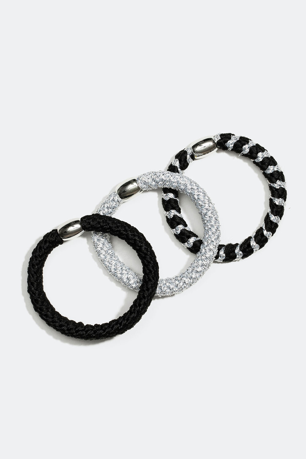 Flätade hårsnoddar i svart och silver mix, 3-pack