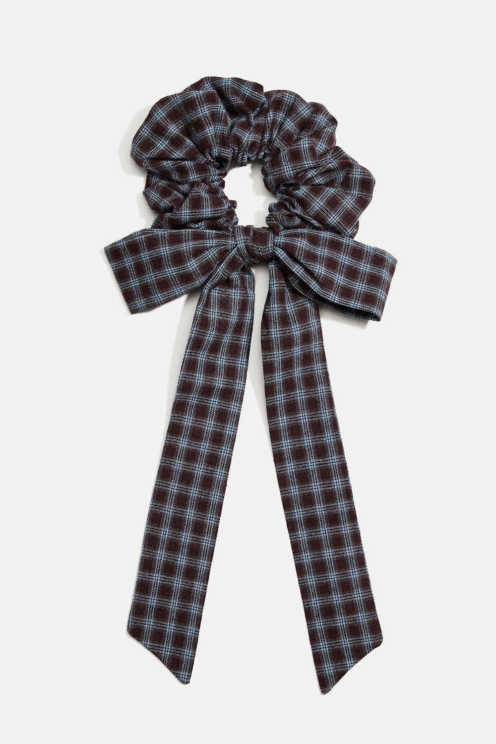 Scrunchie tail med rosett i blått och rutigt mönster