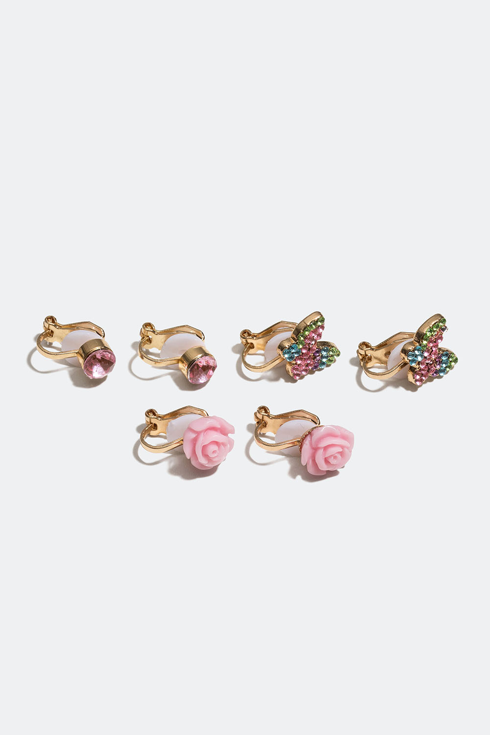 Clipsörhängen med rosa glasstenar, blommor och fjärilar, 3-pack