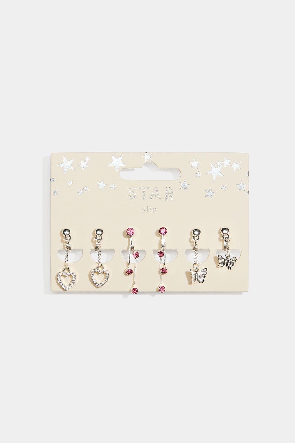 Clipsörhängen med hjärtan, fjärilar och rosa glasstenar, 3-pack